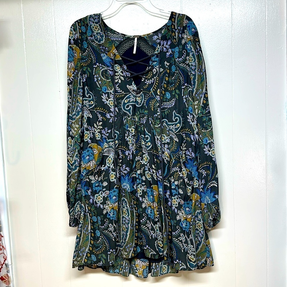 Free People Rain or Shine Gray Paisley Lace Up Tunic Dress XS EUC